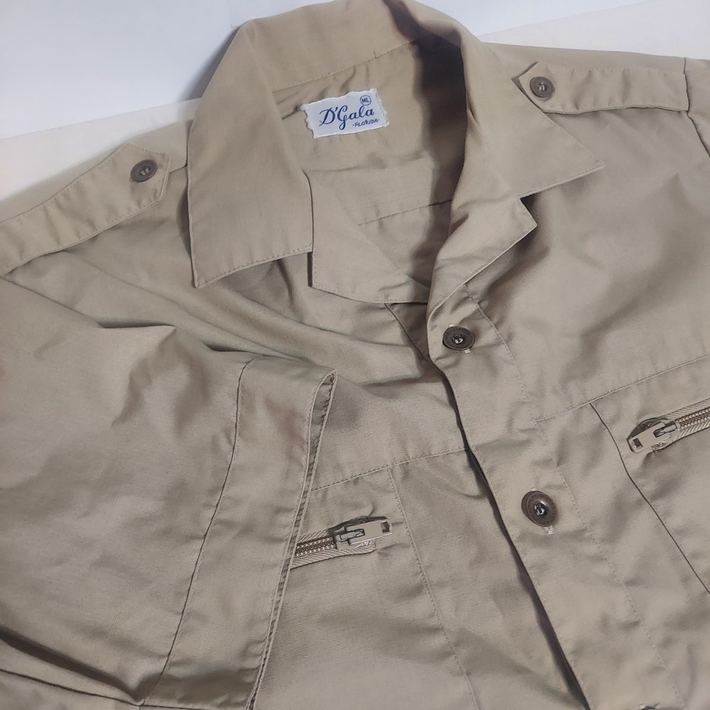 D'Gala Florida Mens L Tan Safari‎ Shirt Short Sleeve Button Down Zip Pocket